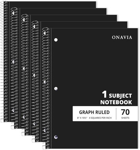 ONAVIA Graph Ruled Subject Spiral Notebook, 5 Pack, 4x4 Grid Paper, 8" x 10-1/2", 70 Sheets, 1 Subject, 3-Hole Punched for School, Work, Assorted Colors in Kuwait