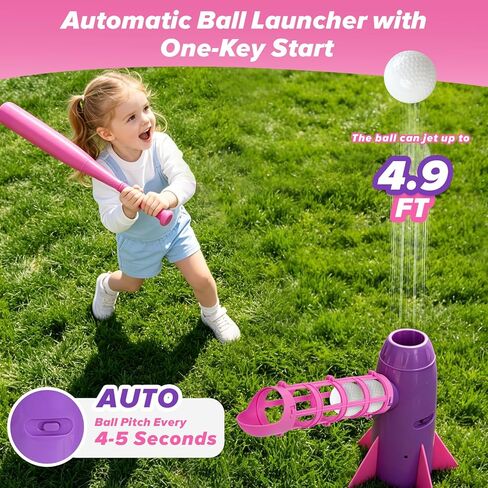AuntyFey Auto Kids Baseball Pitching Machine, Pop Up Tball Trainer, Automatic Baseball Launcher for Kids 6-10, Batting Practice Equipment with 5 Plastic Balls & Bat, Lavender in Kuwait