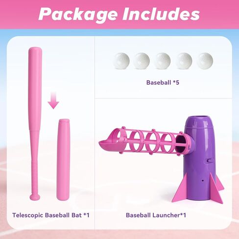 AuntyFey Auto Kids Baseball Pitching Machine, Pop Up Tball Trainer, Automatic Baseball Launcher for Kids 6-10, Batting Practice Equipment with 5 Plastic Balls & Bat, Lavender in Kuwait
