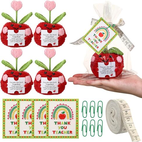 Soulchen 4 Set Teacher Gifts Include Mini Apple Crochet with Motivational Cards Thank You Tags Small Clips Ribbon for Teachers Women Men Teacher Appreciation Gift Handmade Crochet Decor in Kuwait
