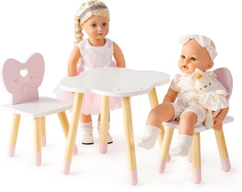 ROBOTIME 18 Inch Doll Table and Chairs Set, Wooden Doll Furniture Dining Table with 2 Chairs, Pink Doll Furniture Set for Pretend Play, Doll Furniture for 18 Inch Dolls in Kuwait