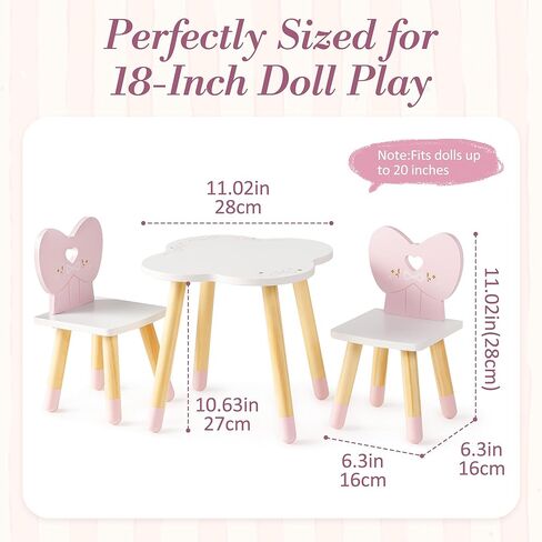 ROBOTIME 18 Inch Doll Table and Chairs Set, Wooden Doll Furniture Dining Table with 2 Chairs, Pink Doll Furniture Set for Pretend Play, Doll Furniture for 18 Inch Dolls in Kuwait