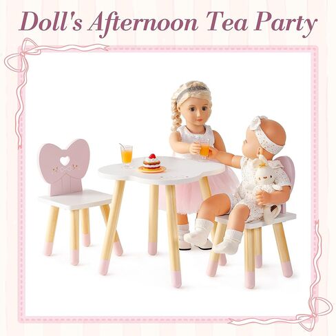 ROBOTIME 18 Inch Doll Table and Chairs Set, Wooden Doll Furniture Dining Table with 2 Chairs, Pink Doll Furniture Set for Pretend Play, Doll Furniture for 18 Inch Dolls in Kuwait