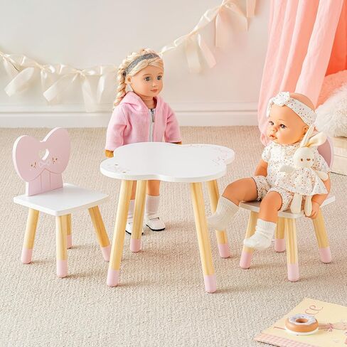 ROBOTIME 18 Inch Doll Table and Chairs Set, Wooden Doll Furniture Dining Table with 2 Chairs, Pink Doll Furniture Set for Pretend Play, Doll Furniture for 18 Inch Dolls in Kuwait