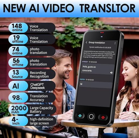 جهاز مترجم اللغة JMFONE AI، لا حاجة إلى شبكة WiFi، أكثر من 150 لغة مترجم صوتي فوري ثنائي الاتجاه، يدعم ChatGPT، عبر الإنترنت/غير متصل/الصورة/النص/مكالمات الصوت والفيديو/تسجيل الترجمة للسفر in Kuwait