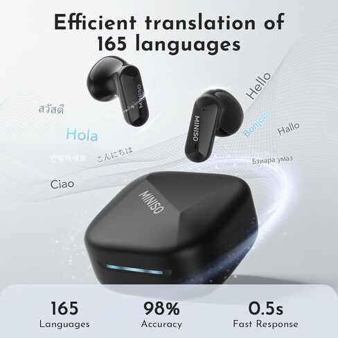 MINISO MS119 AI سماعات أذن للترجمة في الوقت الحقيقي، ترجمة فورية مع 165 لغة و8 أوضاع ترجمة، بلوتوث 6.0، 3 في 1 ترجمة سماعات الأذن للعمل/السفر/الدراسة. ماتي الأسود in Kuwait