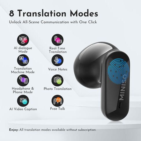 MINISO MS119 AI سماعات أذن للترجمة في الوقت الحقيقي، ترجمة فورية مع 165 لغة و8 أوضاع ترجمة، بلوتوث 6.0، 3 في 1 ترجمة سماعات الأذن للعمل/السفر/الدراسة. ماتي الأسود in Kuwait