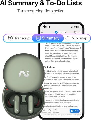 Nano+ AI Voice Recorder Earbuds: Pocket Note Taker for Meetings, Calls & Lectures. Real-time Transcription, 45dB Hybrid ANC, AI Assistant for Productivity, AES-256 Secure, Green in Kuwait