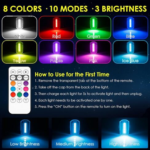 Upgraded 6PCS Wireless Strobe Lights for Car Motorcycle Bike Remote Bright 5 LEDs Anti Collision Lighting USB-C Rechargeable RGB Mini Exterior Warning Flashing Interior Ambient Light IP67 Waterproof in Kuwait