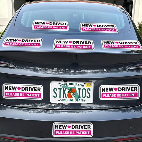 Stickios New Driver Stickers (Pink, Non-Magnetic) for Cars & Windows - Reusable, Removable, Paint-Safe Vinyl Decals - Made in USA (10.5x4 inches, 2-Pack) in Kuwait