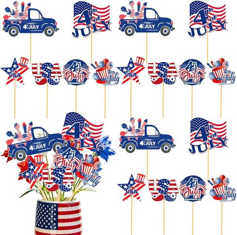 18 Pcs 4th of July Floral Picks Patriotic Red White Blue American Flag Truck Stars Stripes Sticks Cake Bouquet Vase Tabletop Centerpiece Decoration for Independence Day Photo Prop Party Supplies in Kuwait