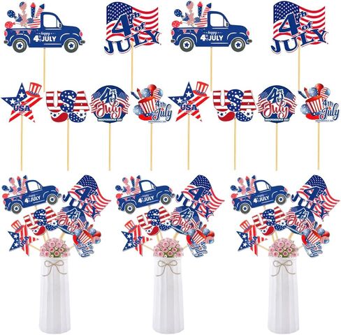 18 Pcs 4th of July Floral Picks Patriotic Red White Blue American Flag Truck Stars Stripes Sticks Cake Bouquet Vase Tabletop Centerpiece Decoration for Independence Day Photo Prop Party Supplies in Kuwait