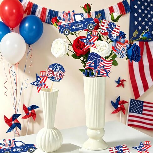 18 Pcs 4th of July Floral Picks Patriotic Red White Blue American Flag Truck Stars Stripes Sticks Cake Bouquet Vase Tabletop Centerpiece Decoration for Independence Day Photo Prop Party Supplies in Kuwait