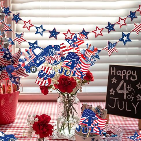 18 Pcs 4th of July Floral Picks Patriotic Red White Blue American Flag Truck Stars Stripes Sticks Cake Bouquet Vase Tabletop Centerpiece Decoration for Independence Day Photo Prop Party Supplies in Kuwait