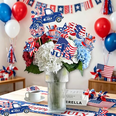 18 Pcs 4th of July Floral Picks Patriotic Red White Blue American Flag Truck Stars Stripes Sticks Cake Bouquet Vase Tabletop Centerpiece Decoration for Independence Day Photo Prop Party Supplies in Kuwait