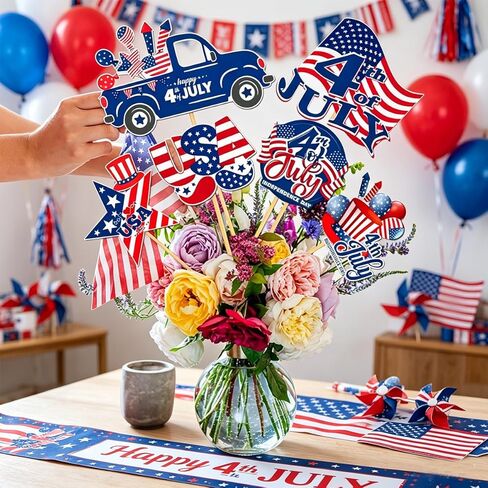 18 Pcs 4th of July Floral Picks Patriotic Red White Blue American Flag Truck Stars Stripes Sticks Cake Bouquet Vase Tabletop Centerpiece Decoration for Independence Day Photo Prop Party Supplies in Kuwait