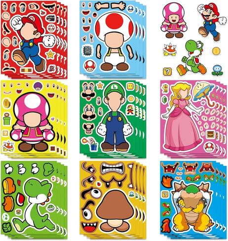 24 Sheets Make Your Own Super Mario Bros. Stickers, Make a Face Sticker, Classic Cartoon Game Decals, Art Craft Party Supplies for Party Decoration, Reward, Decor, Gift Idea (MLA) in Saudi Arabia