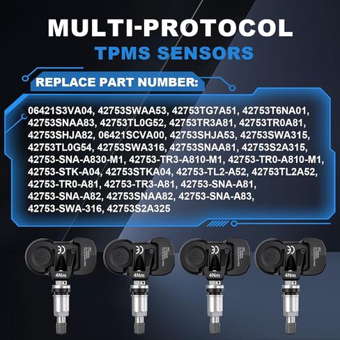 أجهزة استشعار TPMS متعددة البروتوكولات مناسبة لهوندا وأكورا، 315 ميجا هرتز / 433 ميجا هرتز استبدال مراقبة ضغط الإطارات المبرمج مسبقًا لـ 2006-2025 أكورد، سيفيك، CR-V، أوديسي، MDX، RDX 4 قطع in Kuwait