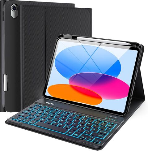 حافظة TECKNET لجهاز iPad A16 الجيل الحادي عشر/العاشر مع لوحة مفاتيح، وإضاءة خلفية 7 ألوان، وحافظة لوحة مفاتيح بلوتوث لاسلكية قابلة للفصل مع حامل أقلام لجهاز iPad 2025/2022، رفيع وخفيف، أسود in Saudi Arabia