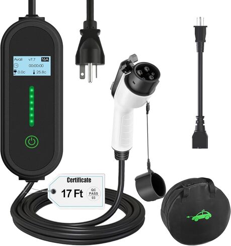 40Ft Cord EV Charger, 16Amp 110V/240V Portable Level 1 Level 2 Electric Vehicle Charging Station with NEMA 6-20 Plug & NEMA 5-15 Adapter for J1772 Electric Cars in Kuwait