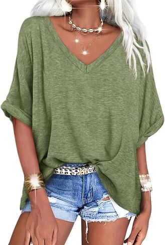 Langwyqu Women's Oversized T Shirts V Neck Short Sleeve Summer Casual Loose Tops Tees in Saudi Arabia