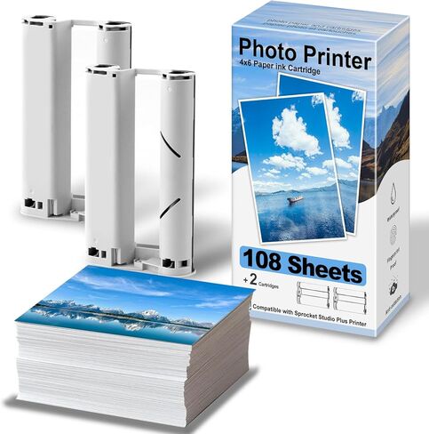 ورق صور مقاس 4 × 6 بوصات مكون من 108 ورقة وشريطين لإعادة تعبئة خراطيش - متوافق مع طابعة Sprocket Studio Plus لطابعة الصور YP01 وإطارات الملصقات وألبوم الصور in Kuwait