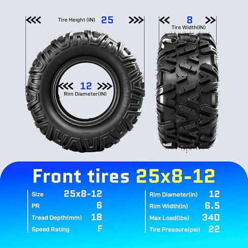 25x8-12 & 25x10-12 ATV UTV Tires,6 PR All-Terrain Tires 25x8x12 25x10x12 for Sand Mud Trail,Non-Directional Tread,Tubeless (Pack of 4) in Kuwait