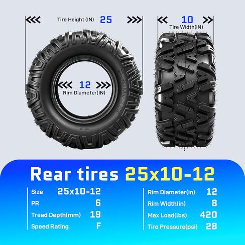 25x8-12 & 25x10-12 ATV UTV Tires,6 PR All-Terrain Tires 25x8x12 25x10x12 for Sand Mud Trail,Non-Directional Tread,Tubeless (Pack of 4) in Kuwait