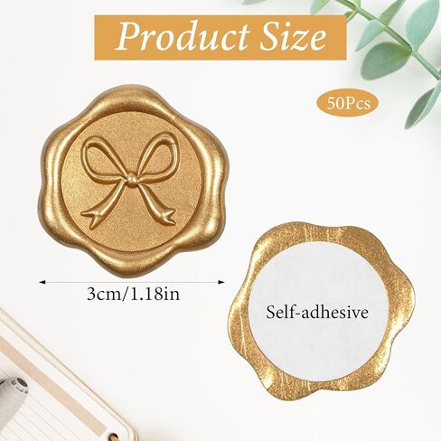 50 Pcs Wax Seal Stickers, Gold Bow Envelope Seal Stickers, Self-Adhesive 3D Stamp Decals for Wedding Invitations, Envelopes, Gift Wrapping, Greeting Cards, and Baby Shower in Kuwait