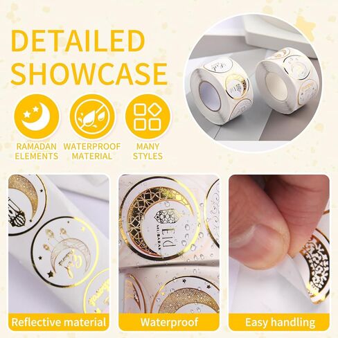 Totelux 1000Pcs Eid Mubarak Stickers Gold Round Envelope Seal Stickers Self-Adhesive Moon Star Label Sticker for Eid Mubarak Gift Wrap Party Decoration Supplies in Kuwait