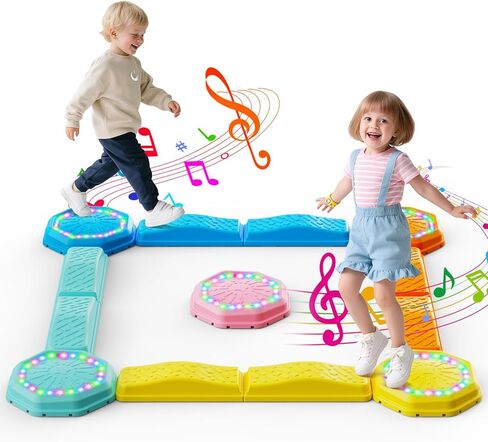 Holyton Balance Beam and Stepping Stones for Kids – 13PCS Light Up & Musical Toddler Balance Beam Obstacle Course, Non-Slip Sensory Toys for Toddlers 3-8, Indoor Outdoor Play, Gift for Boys Girls in Kuwait