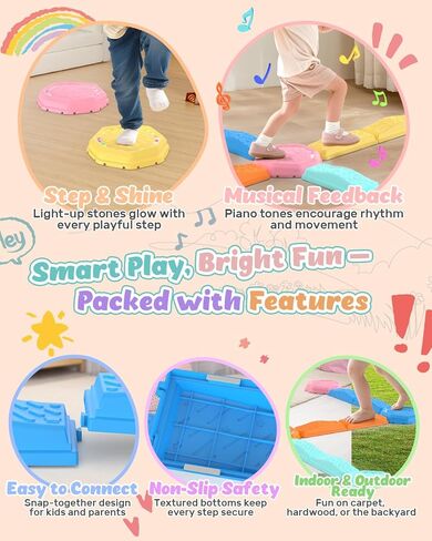 Holyton Balance Beam and Stepping Stones for Kids – 13PCS Light Up & Musical Toddler Balance Beam Obstacle Course, Non-Slip Sensory Toys for Toddlers 3-8, Indoor Outdoor Play, Gift for Boys Girls in Kuwait