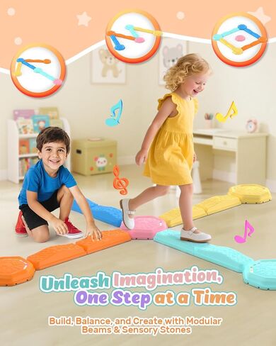 Holyton Balance Beam and Stepping Stones for Kids – 13PCS Light Up & Musical Toddler Balance Beam Obstacle Course, Non-Slip Sensory Toys for Toddlers 3-8, Indoor Outdoor Play, Gift for Boys Girls in Kuwait