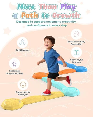 Holyton Balance Beam and Stepping Stones for Kids – 13PCS Light Up & Musical Toddler Balance Beam Obstacle Course, Non-Slip Sensory Toys for Toddlers 3-8, Indoor Outdoor Play, Gift for Boys Girls in Kuwait
