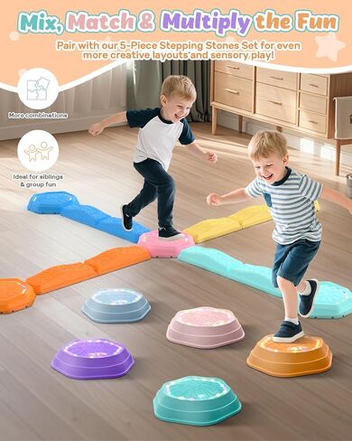 Holyton Balance Beam and Stepping Stones for Kids – 13PCS Light Up & Musical Toddler Balance Beam Obstacle Course, Non-Slip Sensory Toys for Toddlers 3-8, Indoor Outdoor Play, Gift for Boys Girls in Kuwait
