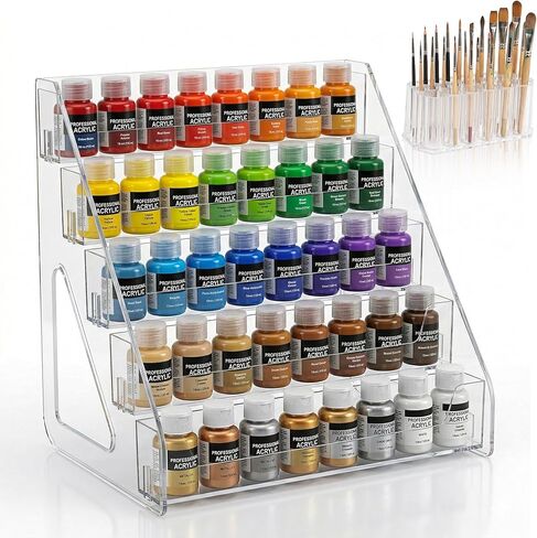 Acrylic Paint Organizer with Brush Holder, 5 Layers Acrylic Paint Holder Rack Tall Version Miniature Paint Holder for Craft Paint Tubes & Jars, Clear in Kuwait
