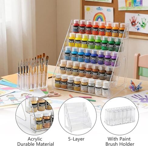 Acrylic Paint Organizer with Brush Holder, 5 Layers Acrylic Paint Holder Rack Tall Version Miniature Paint Holder for Craft Paint Tubes & Jars, Clear in Kuwait