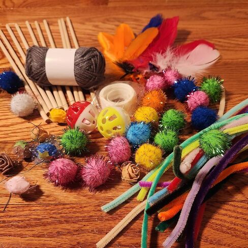 Make Your Own Cat Toys – All in One Kit - Pet Craft Kit for Cat Owners & Crafters – Handmade Cat Toy Supplies - Feathers, Pom Poms, Yarn, Pipe Cleaners, Bells in Kuwait