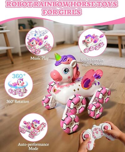 جهاز التحكم عن بعد Pink Robot Unicornios Pet - 8 عجلات سباق الانجراف في الهواء الطلق على الطرق الوعرة مع 2.4 جيجا هرتز 360 درجة أجنحة العرض التلقائي وأضواء العيون والموسيقى، هدية عيد ميلاد للفتيات بعمر 3 سنوات فما فوق in Kuwait