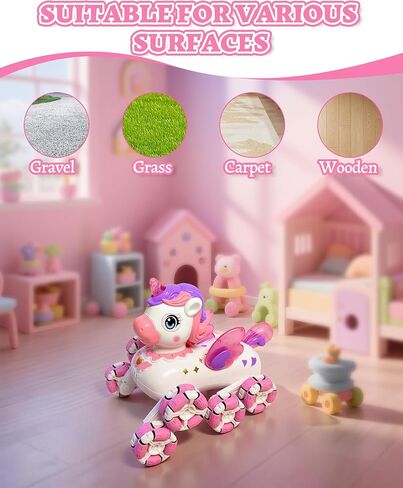 جهاز التحكم عن بعد Pink Robot Unicornios Pet - 8 عجلات سباق الانجراف في الهواء الطلق على الطرق الوعرة مع 2.4 جيجا هرتز 360 درجة أجنحة العرض التلقائي وأضواء العيون والموسيقى، هدية عيد ميلاد للفتيات بعمر 3 سنوات فما فوق in Kuwait