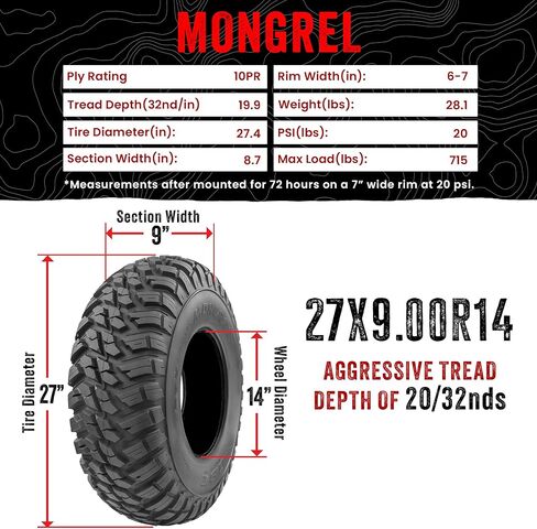 Set of 4 GBC Mongrel ATV/UTV All-Terrain 27X9-14 Front & 27X11-14 Rear, 10-Ply Rated Radial Construction in Kuwait