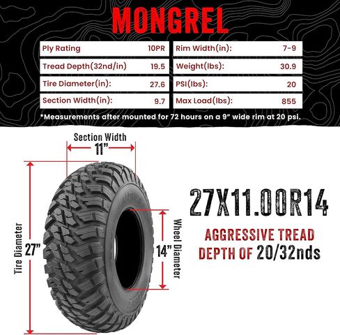 Set of 4 GBC Mongrel ATV/UTV All-Terrain 27X9-14 Front & 27X11-14 Rear, 10-Ply Rated Radial Construction in Kuwait