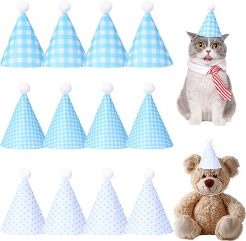 12 Pcs Mini Party Hats for Stuffed Animals, Felt Cone Hats with Pom Poms Polka Dot Gingham Mini Birthday Party in Kuwait