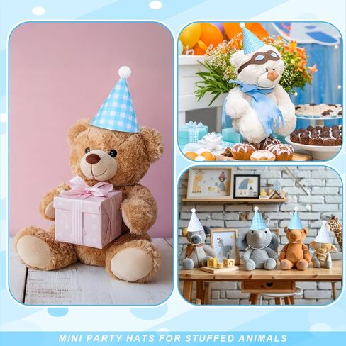 12 Pcs Mini Party Hats for Stuffed Animals, Felt Cone Hats with Pom Poms Polka Dot Gingham Mini Birthday Party in Kuwait
