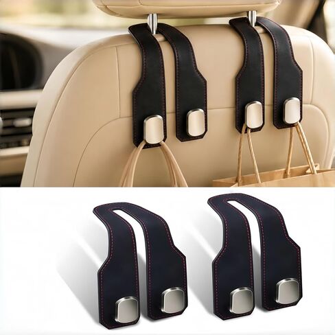 Car Headrest Hooks for Purses and Bags, 2-Pack Universal Fit Seat Back Storage Hook, Heavy-Duty Metal & Premium Leather Seat Hooks for SUV, Sedan, Truck in Kuwait