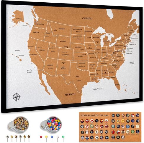 USA Travel Map with Pins – Large 30" x 20" United States Cork Board Wall Map with Wood Frame, Decorative Push Pin Map with 51 State Flag Pins, Metallic & Colored Pins – Track Travels – Gift for Travelers, Couples & Families in Kuwait