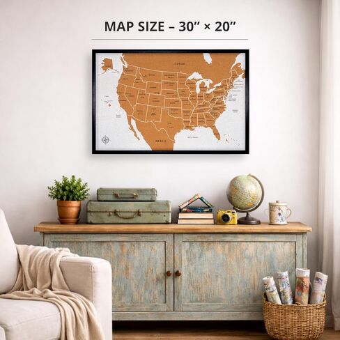 USA Travel Map with Pins – Large 30" x 20" United States Cork Board Wall Map with Wood Frame, Decorative Push Pin Map with 51 State Flag Pins, Metallic & Colored Pins – Track Travels – Gift for Travelers, Couples & Families in Kuwait