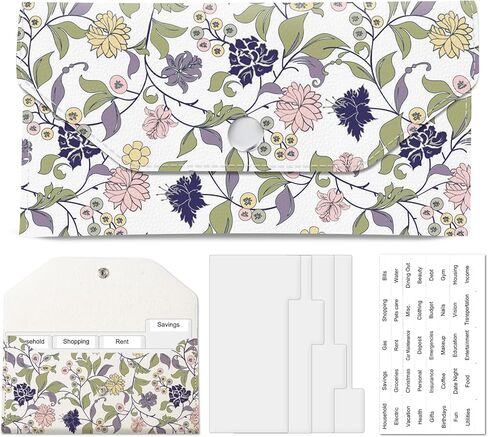 PU Leather Cash Envelopes Wallet, Reusable Money Saving Wallet, Cute Budget Envelope with 4 Dividers & 1 Sheets Budget Labels Soft Pastel Floral in Saudi Arabia