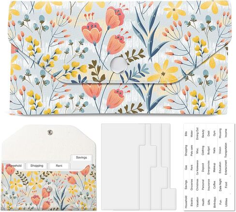 PU Leather Cash Envelopes Wallet, Reusable Money Saving Wallet, Cute Budget Envelope with 4 Dividers & 1 Sheets Budget Labels Soft Pastel Floral in Saudi Arabia