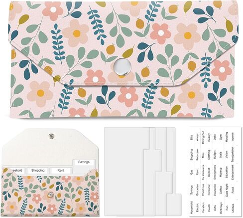 PU Leather Cash Envelopes Wallet, Reusable Money Saving Wallet, Cute Budget Envelope with 4 Dividers & 1 Sheets Budget Labels Soft Pastel Floral in Saudi Arabia